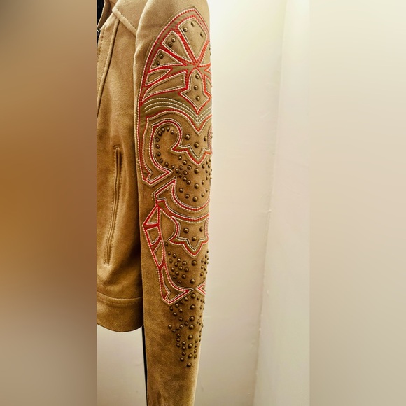 BCBGMAXAZRIA Nicholas Faux Suede Cropped Embroidered Moto Jacket, Size XS - Picture 8 of 14